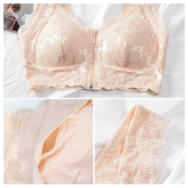 Wholesale Breast Forms Mastectomy Color 100% Cotton Front Closure Zipper Designed With Pockets Bra For Breast Implants Beige