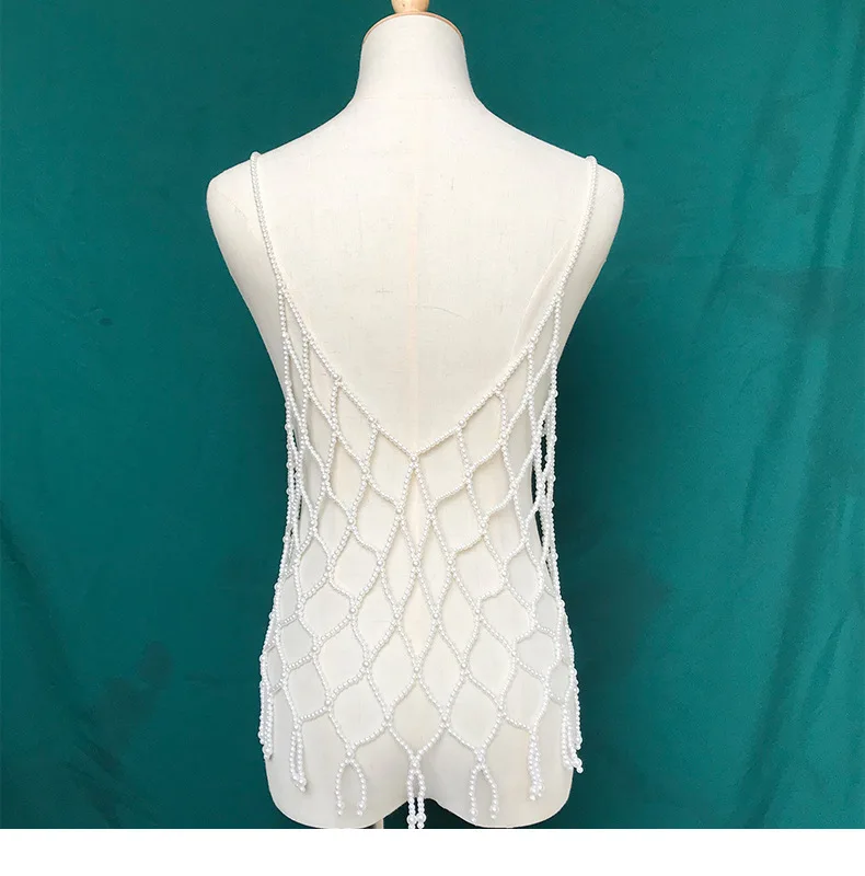 Wholesale Elegant Body Jewelry Bra Halter Jewelry White Black Pearl Tops Summer Bikini Sexy Body Chain Hollow Out Vest Blouse