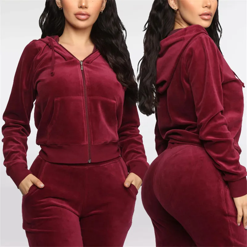 New Long Sleeve Active Jogger Suit Training Sweatsuit Women Fitted Velour Hooded velvet Tracksuit