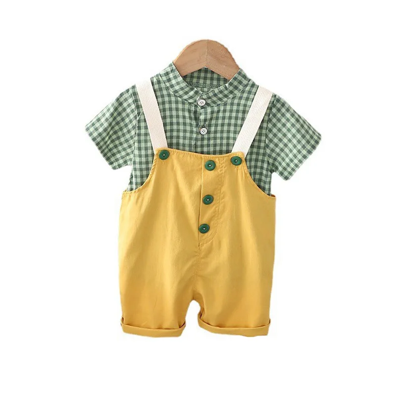 Летний Детский костюм, дышащая клетчатая рубашка с подтяжками, повседневная одежда для маленьких мальчиков, простой костюм для малышей, оптовая продажа