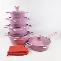 Household Kitchen Supplies Marble Deep Pot Non-Stick Coating Aluminium Casserole With Lids 12 PC Cookware Sets