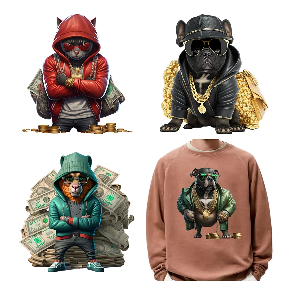 Hot Sale Hip Pop Street Animals DTF Custom Heat Transfers Hustle Cash Money Bear Digital Print Heat Transfer Stickers for T-shir