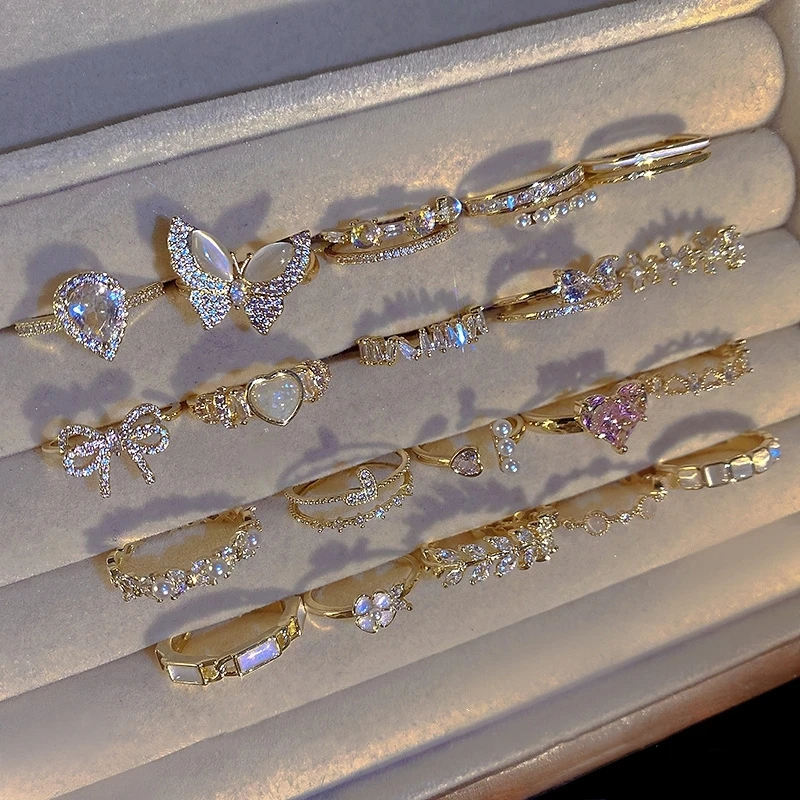 Retro Minimalist Opening Rings For Women Heart Stars Cross Zircon Adjustable Finger Ring Girl Personality Jewelry