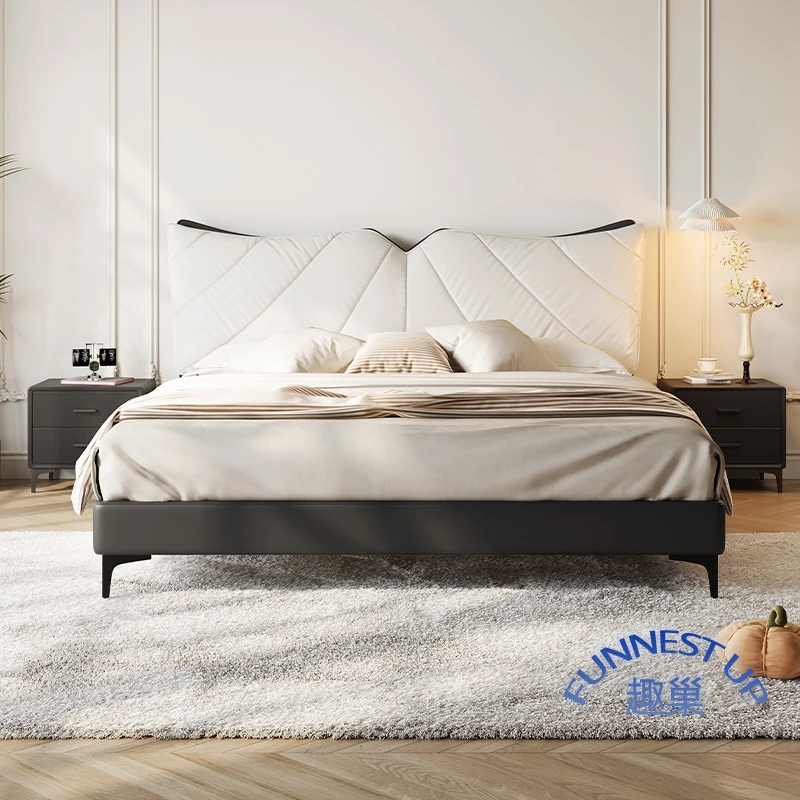 Italian minimalist luxury leather bed frame headboard cowhide bed room set storage puff soft bag leather bed frame king