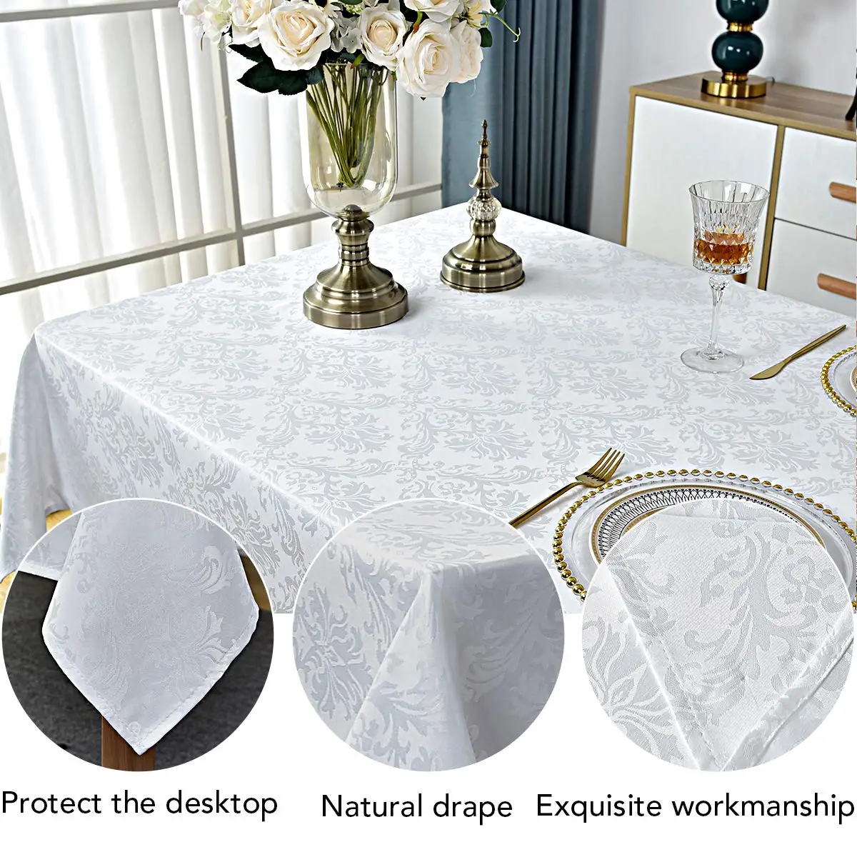 Jacquard Table Cloth Damask Wrinkle Resistant Polyester Tablecloth for Wedding Hotel