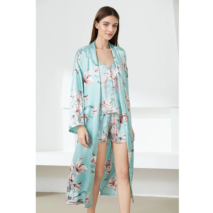 Robe satin Luxury FLoral Color Soft Lightweight Silk Lace Plus Size Silk Robes Women 3 Pcs Silk Robes Women Luxury