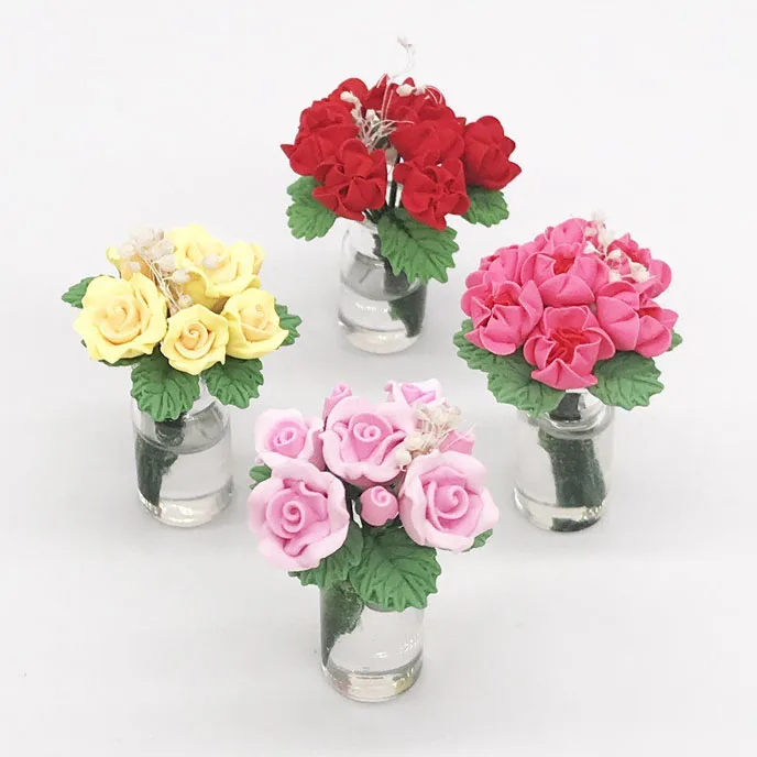 Dollhouse Miniature Flowers 1:12 Scale Mini Vase with Flower Doll House Accessories Tiny House Decorations M3797