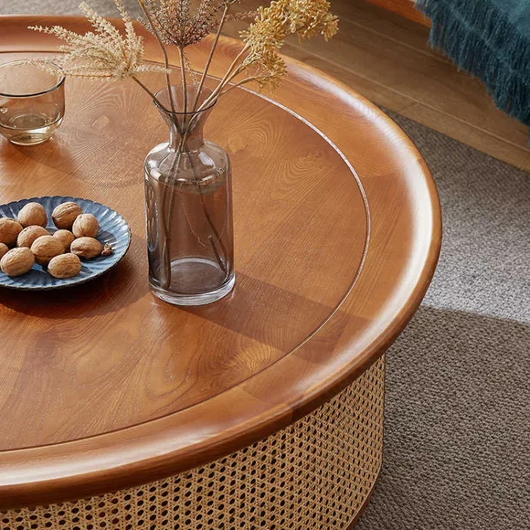 Japanese-style solid wood rattan tea table round home simple small apartment living room coffee table