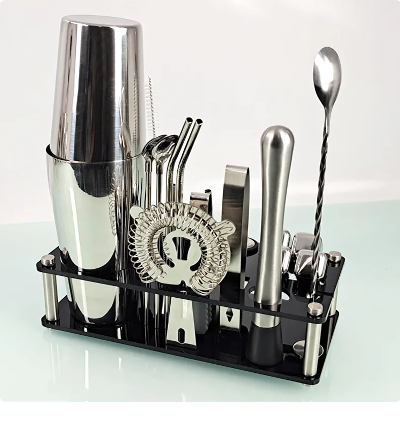 High Quality 304 Stainless Steel Bar Tools Bartender Kit Wine Accessory Luxury New Ice Acrylic Cocktail Shaker 23-pieces Set