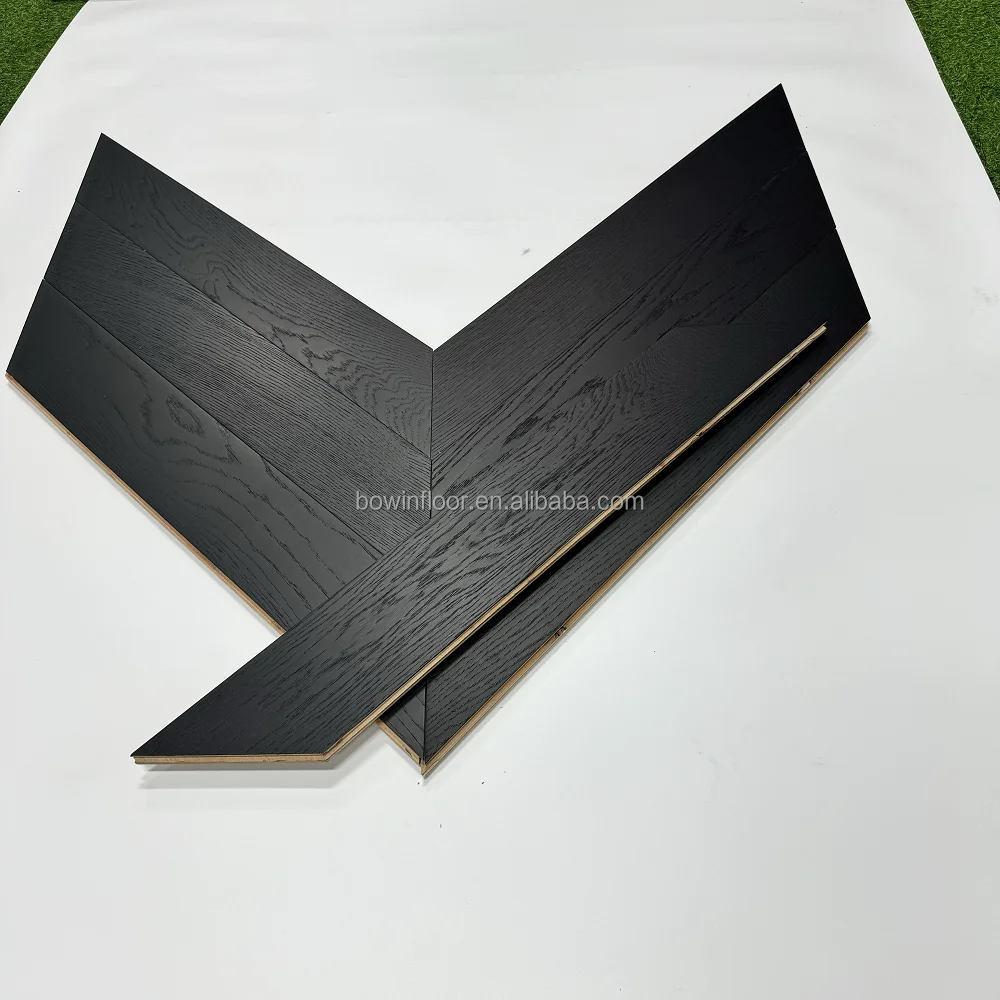 semi gloss full black wood parquet dark color oak engineered chevron flooring