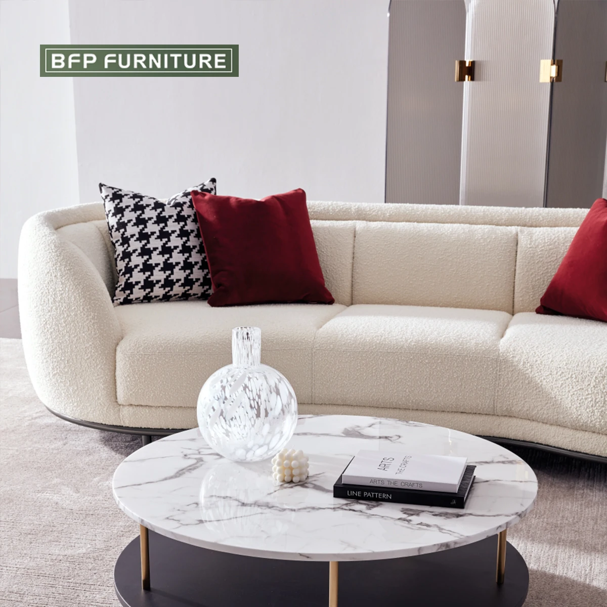 BFPHOME Italian Style Lambswool Solid Wood Sponge Filling Living Room Sofa Set for Luxury House Villa Resort Hotel and Apartment