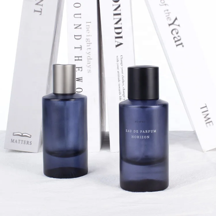 custom color 55ml fancy style dark blue men empty luxury glass perfume bottle with black cap