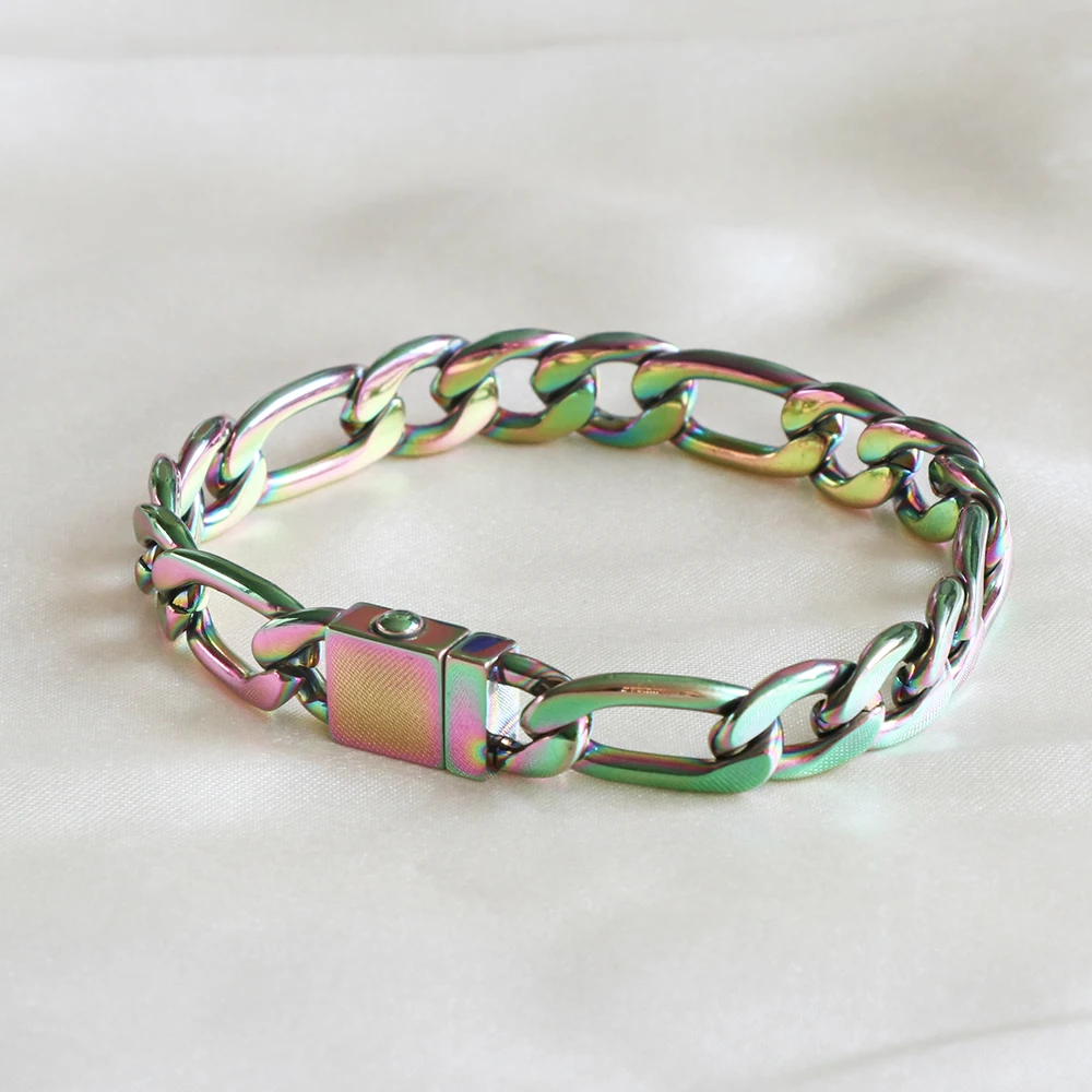 high quality mechanical clasp engraved bracelet custom stainless steel figaro link chain rainbow bracelets for men