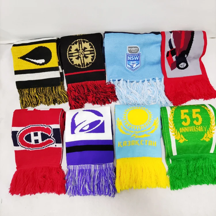 custom OEM letter logo  Football Soccer Fan Knitted Neck long acrylic soft Scarf with tassel/fringes