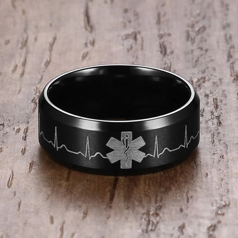 Yiwu Meise Identification Rings for Men Jewelry Punk Black 8MM Stainless Steel  Medical Ring