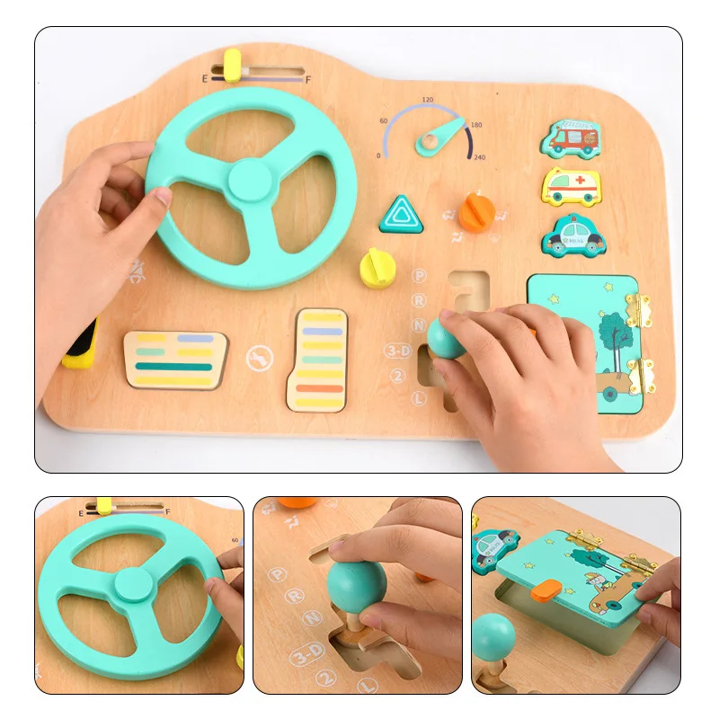 Early education simulation small driver simulation steering wheel baby car driving toys children wooden busy board toys