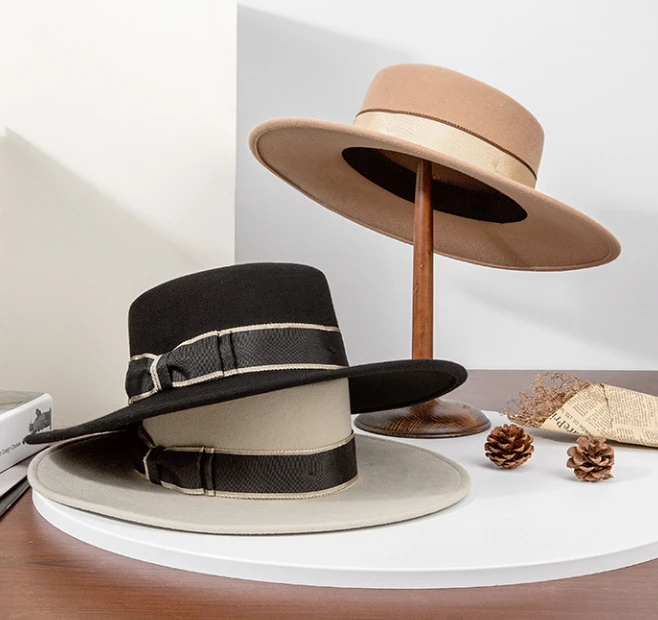 100% шерстяная шляпа с широкими полями в стиле унисекс A022604 для повседневной 2025 Новая Элегантная французская плоским верхом и