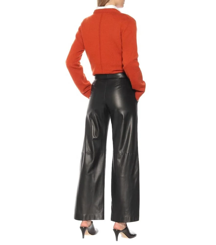 Wholesale elegant casual leather pants high waist wide leg pants for ladies