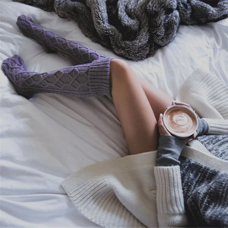 Winter crochet cable knit extra long thick over knee stockings cozy thigh high sock boots with pom pom