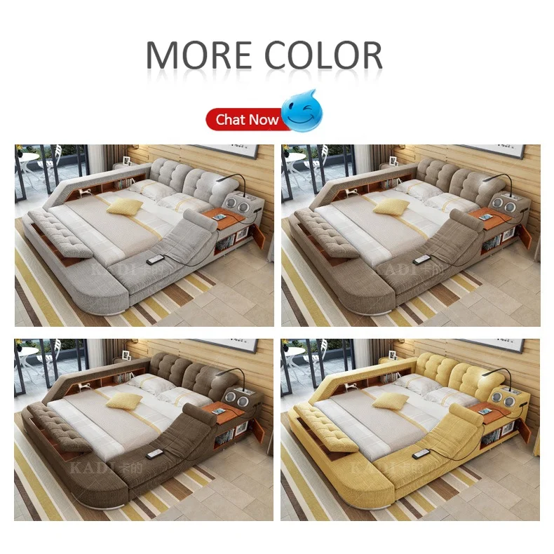 Modern Luxury Multi-functional Smart Leather Bed with Tatami Massage Recliner King Queen Size Solid Wood Bed Fabric Cotton