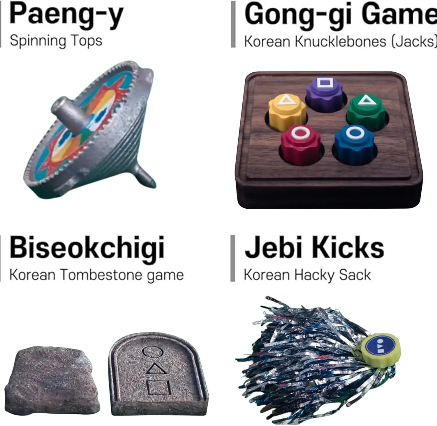 Korean Folk Game Set (Korean Traditional Play Game)- Jebi chagi, Gong-gi, Biseokchigi, Paeng-y DDAKJI, Family Travel Games