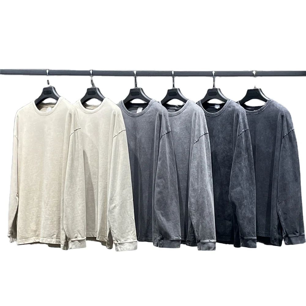 Autumn Long Sleeve Vintage Batik T-shirt Rib Knit Cuffs Heavy Cotton Streetwear Men T Shirt