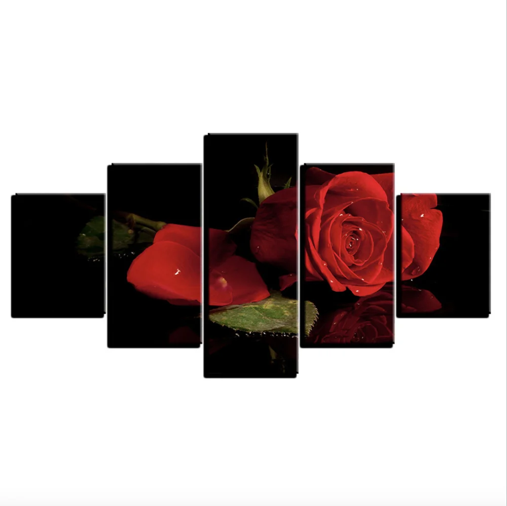 Gallery Wrap 5 Panel Gift Wall Picture Art Decor Red Rose Flower Canvas Prints for Living Room Decoration
