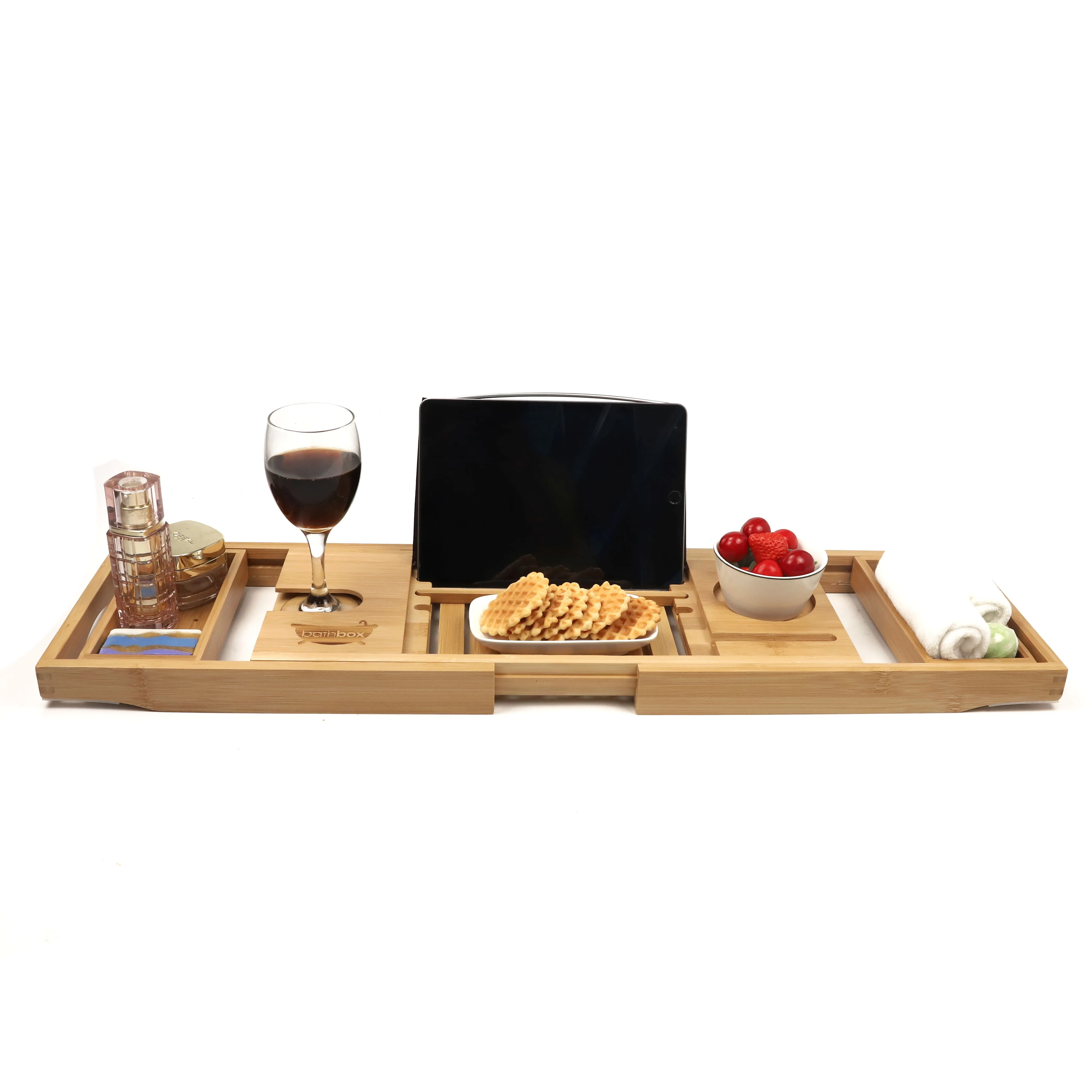 
Eco-friendly Adjustable Luxury Bamboo Wooden Bathroom Bath Caddy Tray Bathtub Board and Caddy with Extend Side 