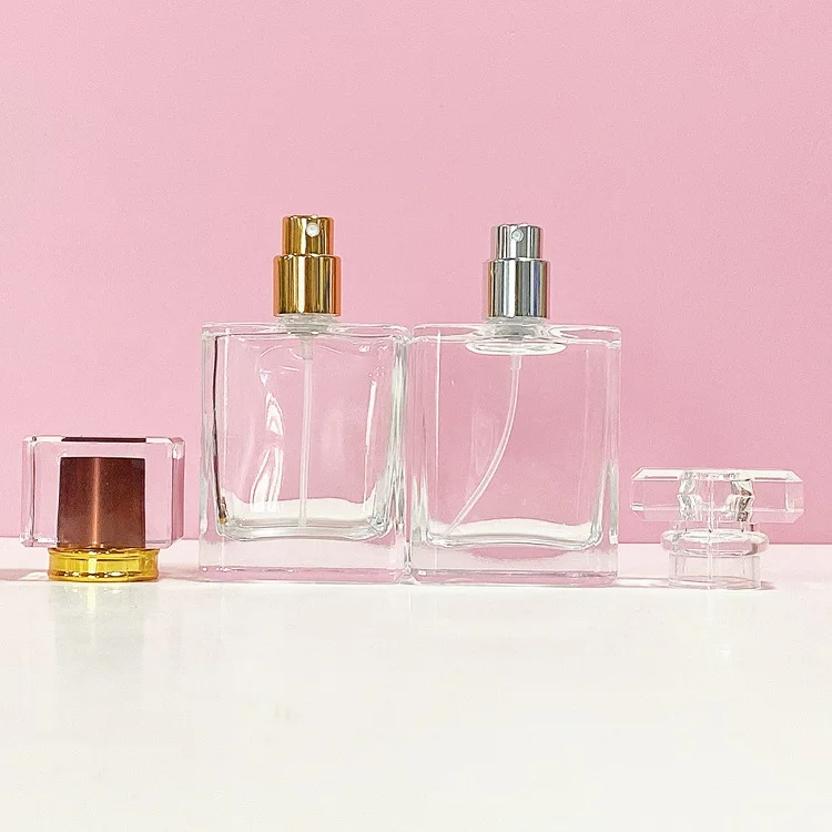 Cosmetic Packaging Fragrance Atomizer Glass Bottle 50ml Mist Spray Square OEM Perfume Bottles
