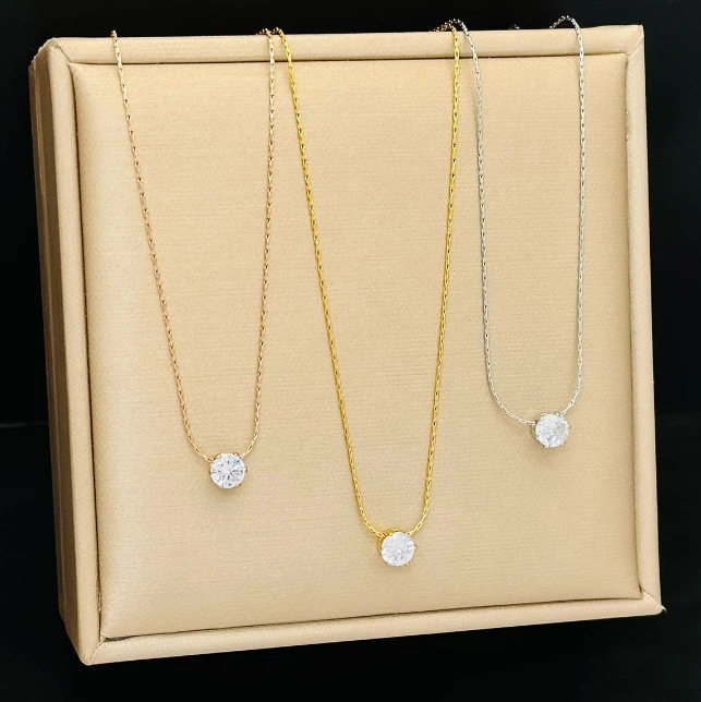 Minos Single Diamond Charm Necklace Waterproof Stainless Steel 18k Gold Plated Crystal Round Cubic Zircon Pendant Necklace