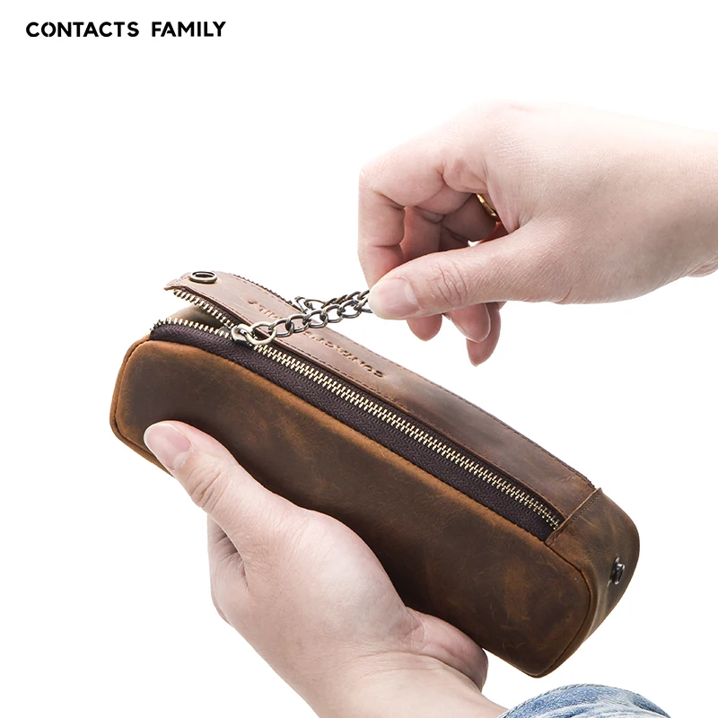 School Stationery Large Capacity Carrying Drawing Sketching Crazy Horse Leather Pencil Case Box with Zipper Strap Pencil Bag