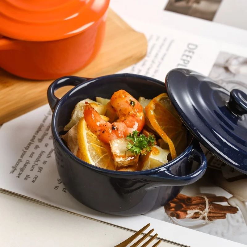 European Style Two Ear Soup Bowl Set Light Luxury Microwave Ceramic Baking Bowl Creative Ceramic Soup Bowl With Lid