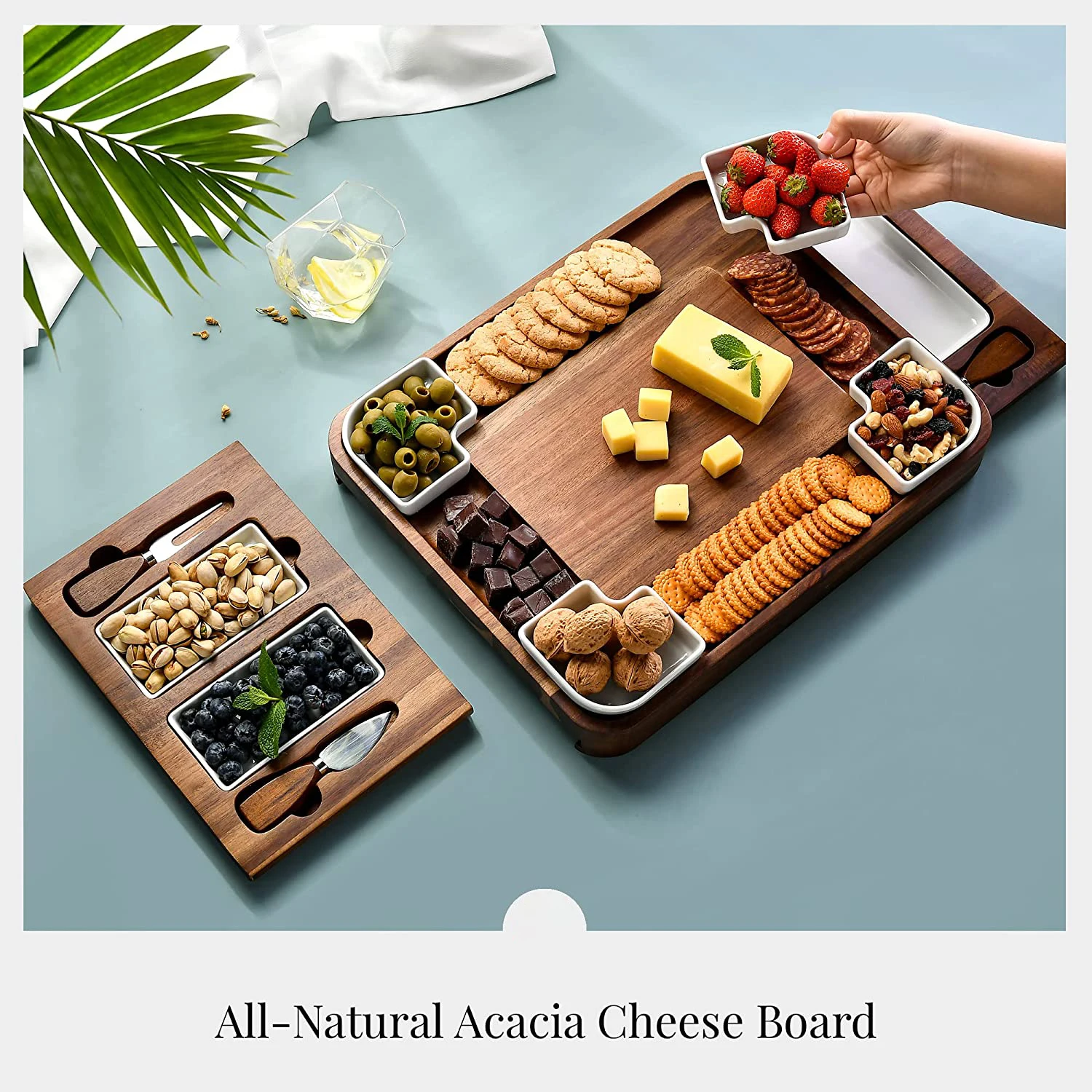 Acacia Cheese Board Set, Square Shaped Charcuterie Set, Cheese Platter Handcrafted Design
