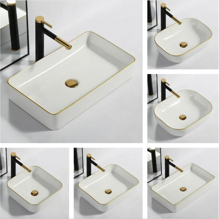 Serene bathroom sink Vitreous china matte green ceramic wash hand basin with luxury gold edge