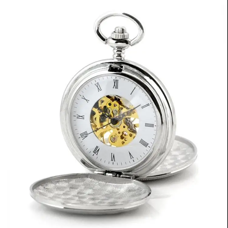 Fast Shipping Retro Double Hunter Skeleton Mechanical Pocket Watch