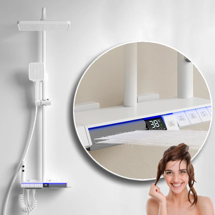 KAHNOS 2024 five function ambient light thermostatic digital display shower head set gun grey rain shower back spray shower set