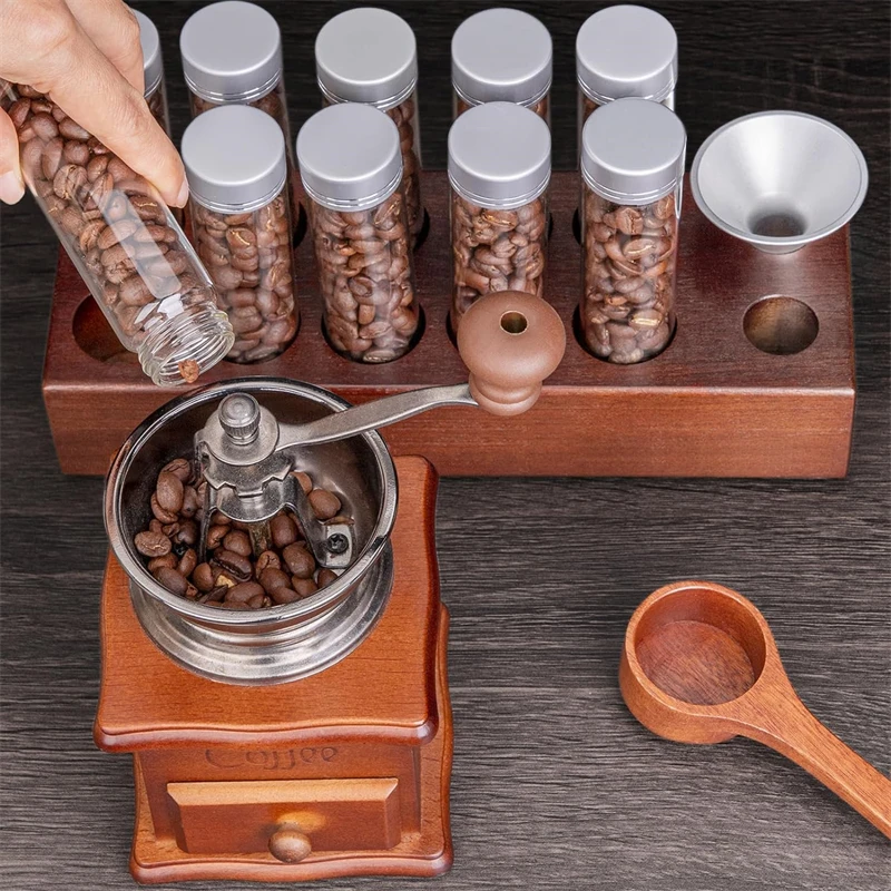 Coffee Bean Storage Wooden Display Stand with Funnel Coffee Spoon for Coffee Bean Glass Tube Display Rack Set