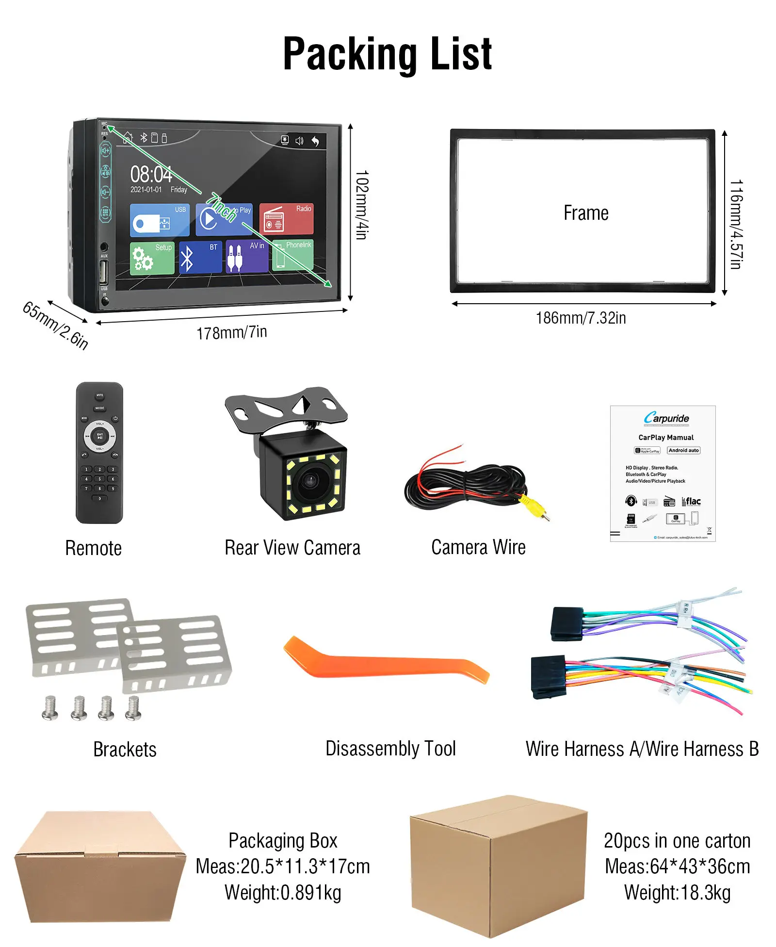 7 Inch with waterproof 1080p Back camera Double Din Car Stereo Carplay and Android Auto Touch Screen Car Audio Receiver MP5