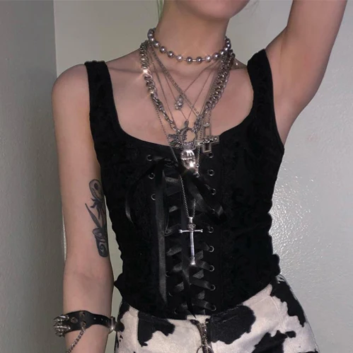 wholesale best price women clothing ladies summer casual gothic vintage punk bodycon lace bandage sexy black crop tank top women