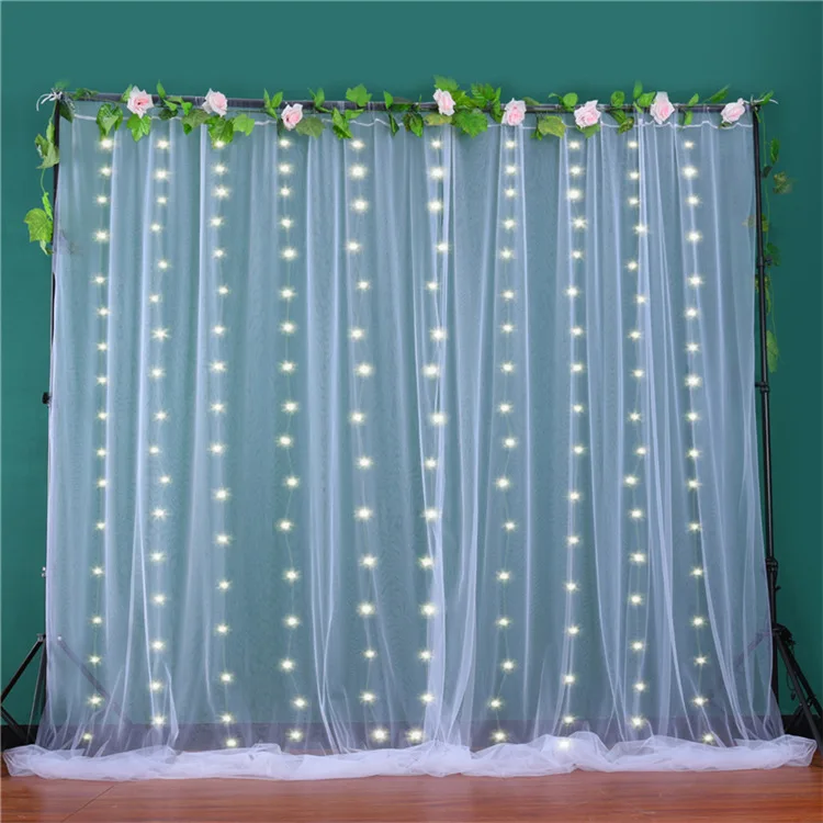 2 pcs Outdoor Pearl Chiffon Sequin Curtain with lights Lawn Wedding Background Cloth and Arch Veil Decoration