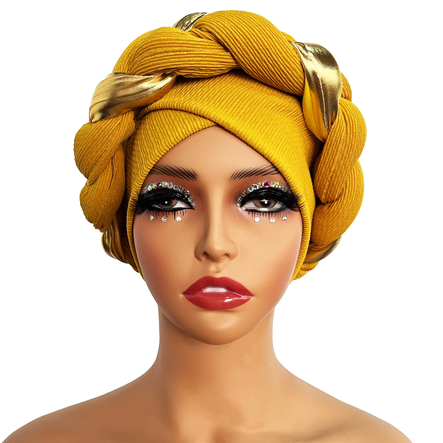 HZM-23431 Wholesale Latest Shiny Braided Party Cap Wear Head Wraps Luxury Elastic Muslim Bonnet African Turban For Women