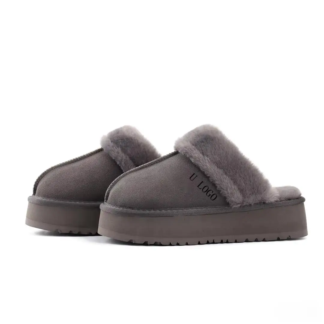 QY1090 2024 Custom Women Fashion Thick Sole Platform Warm Furry Fuzzy Real Wool Shearling Sheepskin Slippers