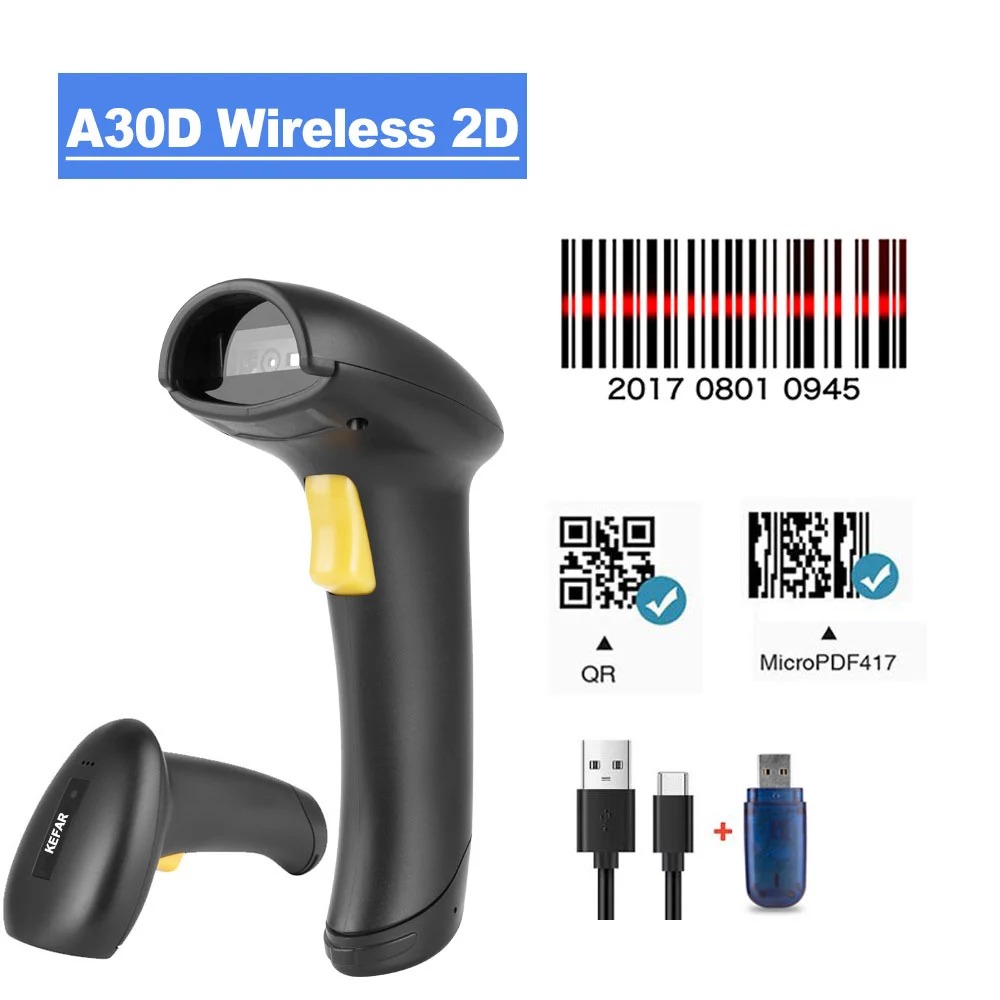 A30D Wireless Barcode Scanner Laser Barcode Reader 1D 2D QR Handheld Bar Code Scanner