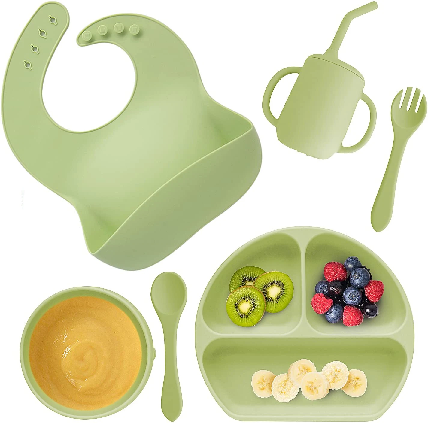 Wholesale Bpa free food grade Sippy Cup Non-slip Suction Bowl Spoon Fork Silicone Baby Feeding Set for Toddlers