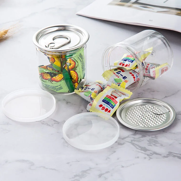 Round plastic pet easy open can Transparent food grade jar with sliver aluminum cap