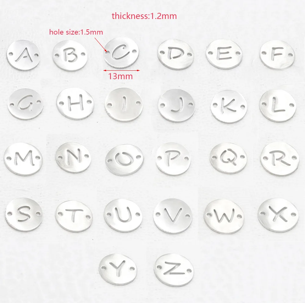 13mm Round Stainless Steel Hollow 26 English Letter Pendant With Double Hole Creative Filigree Connector DIY Jewelry Accessories