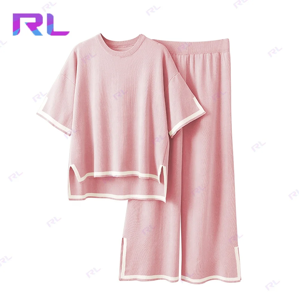 Custom Women Clothing Summer Outfit Casual 2 Piece Suits Knitted Fitting O-Neck Top and Loose Wide Leg Pants Set for Women