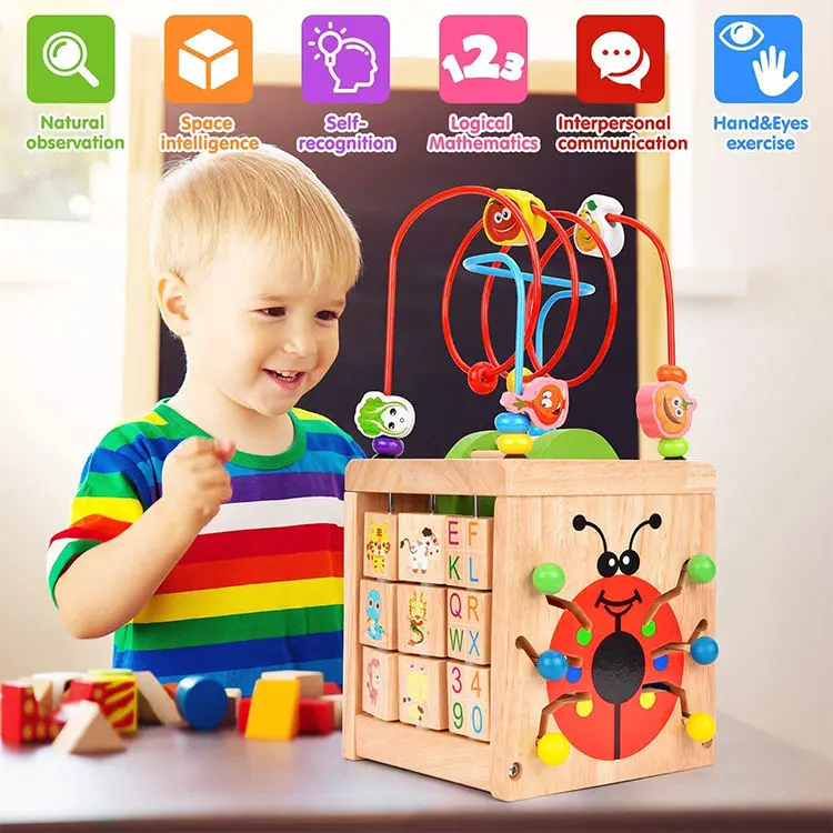 Unisex Multi-functional Four-Sided Bead Beetle Treasure Box Beaded Calculation Rack Educational Wooden Toy for Children 1 Set