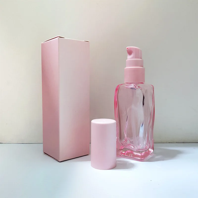 Pink Serum Glass Bottles 35ml Square Foundation Bottles Color Box Cosmetic Lotion Bottles