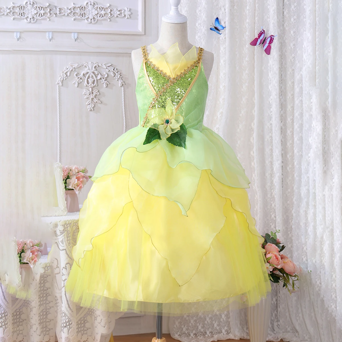 Tiana Princess Dress Girls Halloween The Princess and the Frog Fairy Green Dress Children Birthday Party Costume